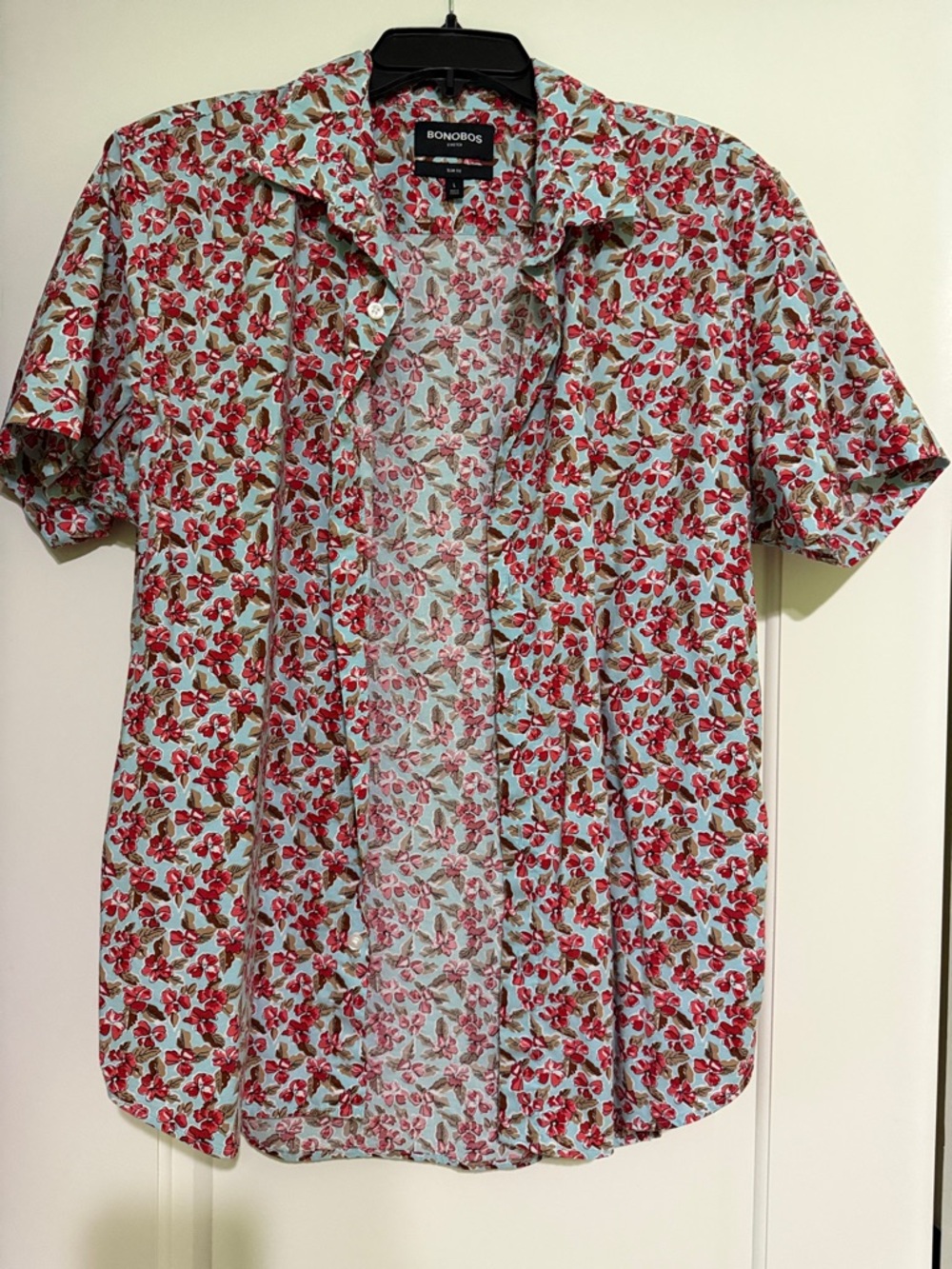 Bonobos Light Blue Short Sleeve Shirt with Red Floral Print